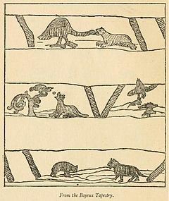 three of aesop s fables on 11th century bayeux tapestry with the wolf and the lamb at bottom