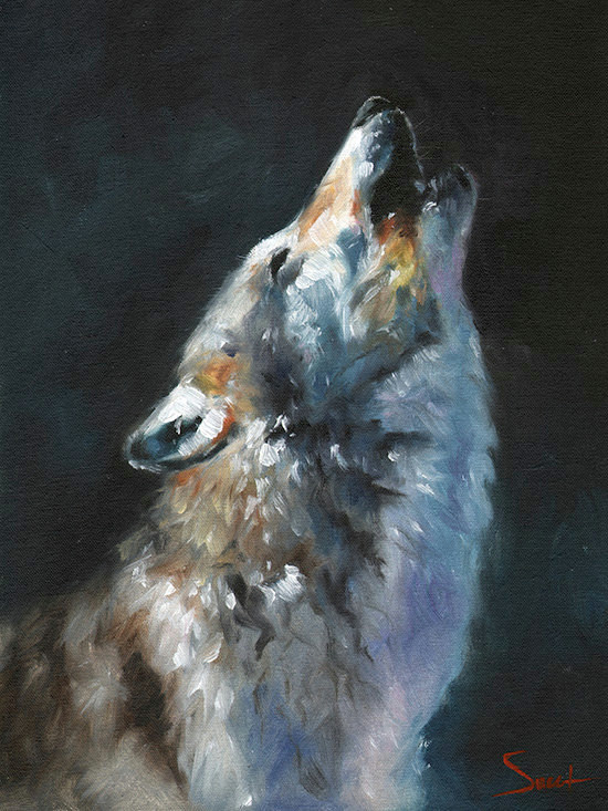 grey howling wolf oil painting by artist eric sweet