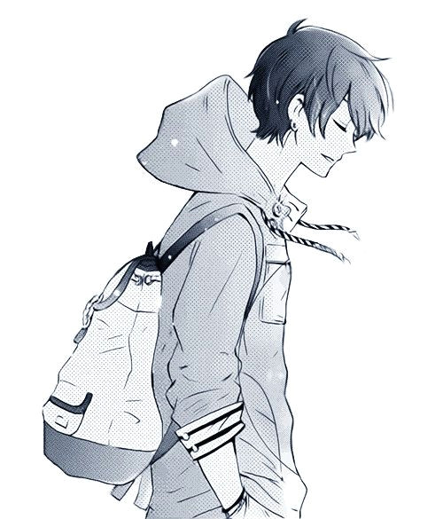 another black and white image of a male anime manga character this one shows a side profile of the boy s face the jacket hoodie is interesting