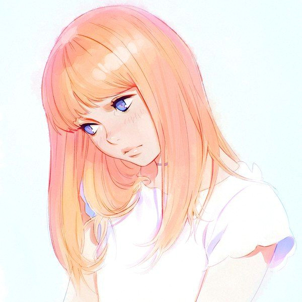 anime picture 1080x1080 with original kr0npr1nz long hair single blush blue eyes simple background fringe looking away orange hair lips eyelashes portrait