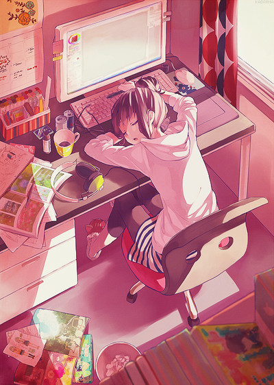 a sleeping anime girl at her messy desk
