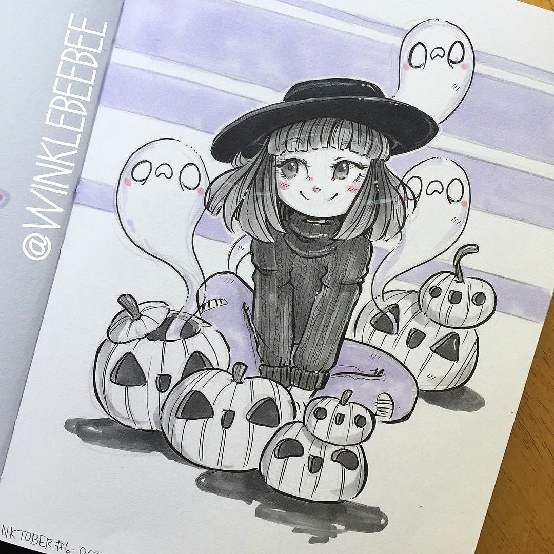cute witch with jack o lanterns and ghosts ink minimal color
