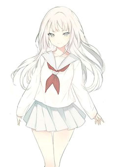 anime picture with original lp long hair single tall image blush looking at viewer smile simple background white fringe white hair standing pleated skirt