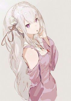 o bare shoulders braid breasts cleavage elf emilia re zero flower from above hair flower hair ornament hair twirling highres long hair looking at viewer