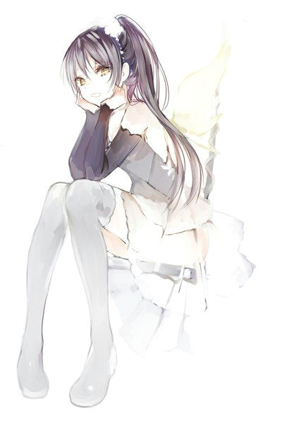 anime picture 700x1022 with original lp hamasa00 long hair single tall image looking at viewer black hair simple background white bare shoulders sitting