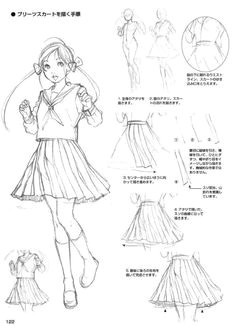 tutorial that shows how to draw the clothing of an anime manga schoolgirl character with specific detail on the pleated skirt