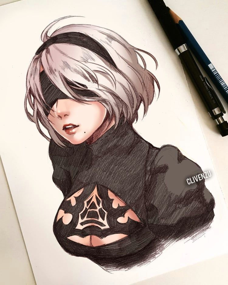 hot anime art black fanart game girl manga nierautomata pencil sexy twitter zu draw a nier amazing eyepatcher lips ecchii