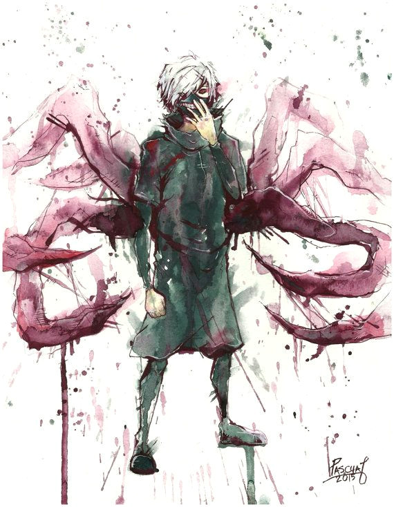 ken kaneki tokyo ghoul anime watercolor painting by pascualproductions