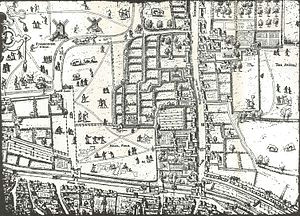 part of the copperplate map of london surveyed between 1553 and 1559 depicting a bird s flight view of the moorfields area