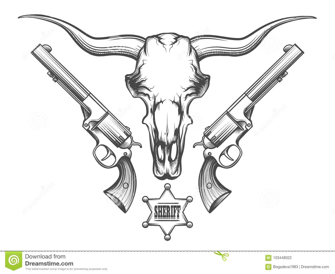 bison skull with pair of revolvers and sheriff badge drawn in engraving style vector illustration