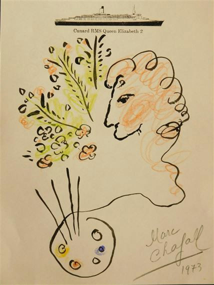 artwork by marc chagall qe2 souvenir drawing 1973 made of black ink and chalk