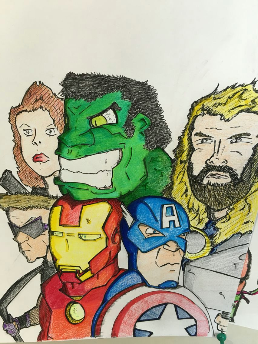 avengers fan art hulk captain america hawkeye iron man black widow colored pencil super hero drawing marker mixed media