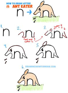how to draw cartoon ant eater from lowercase letter n easy drawing lesson for kids