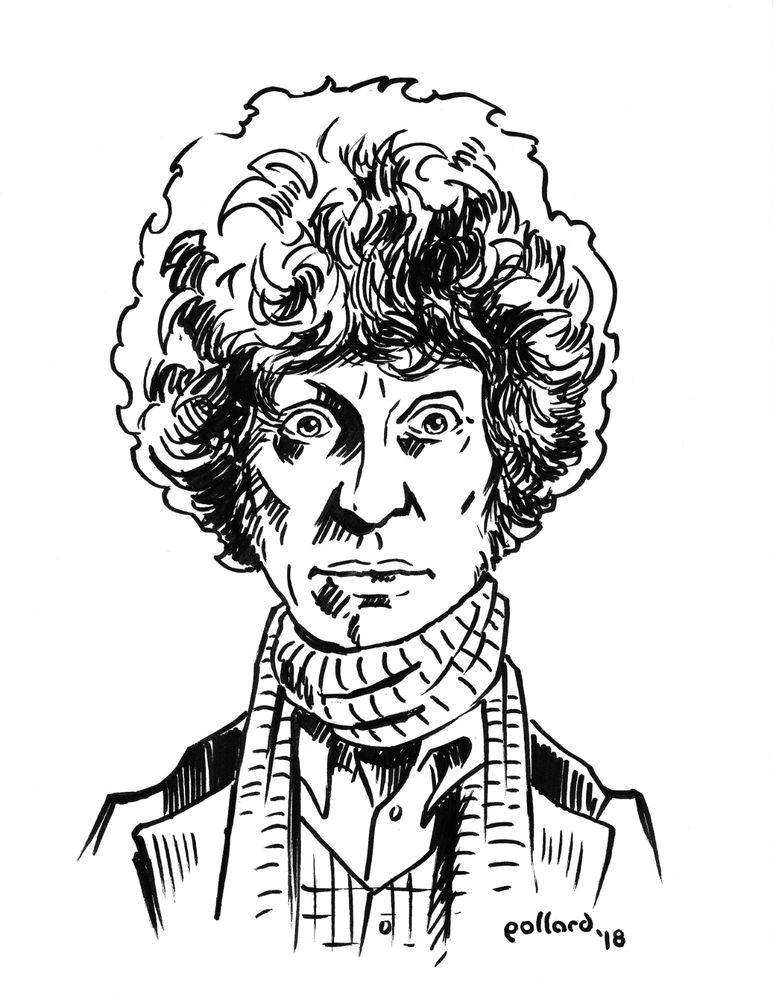 4th doctor who tom baker original ink drawing illustration pollard caricature