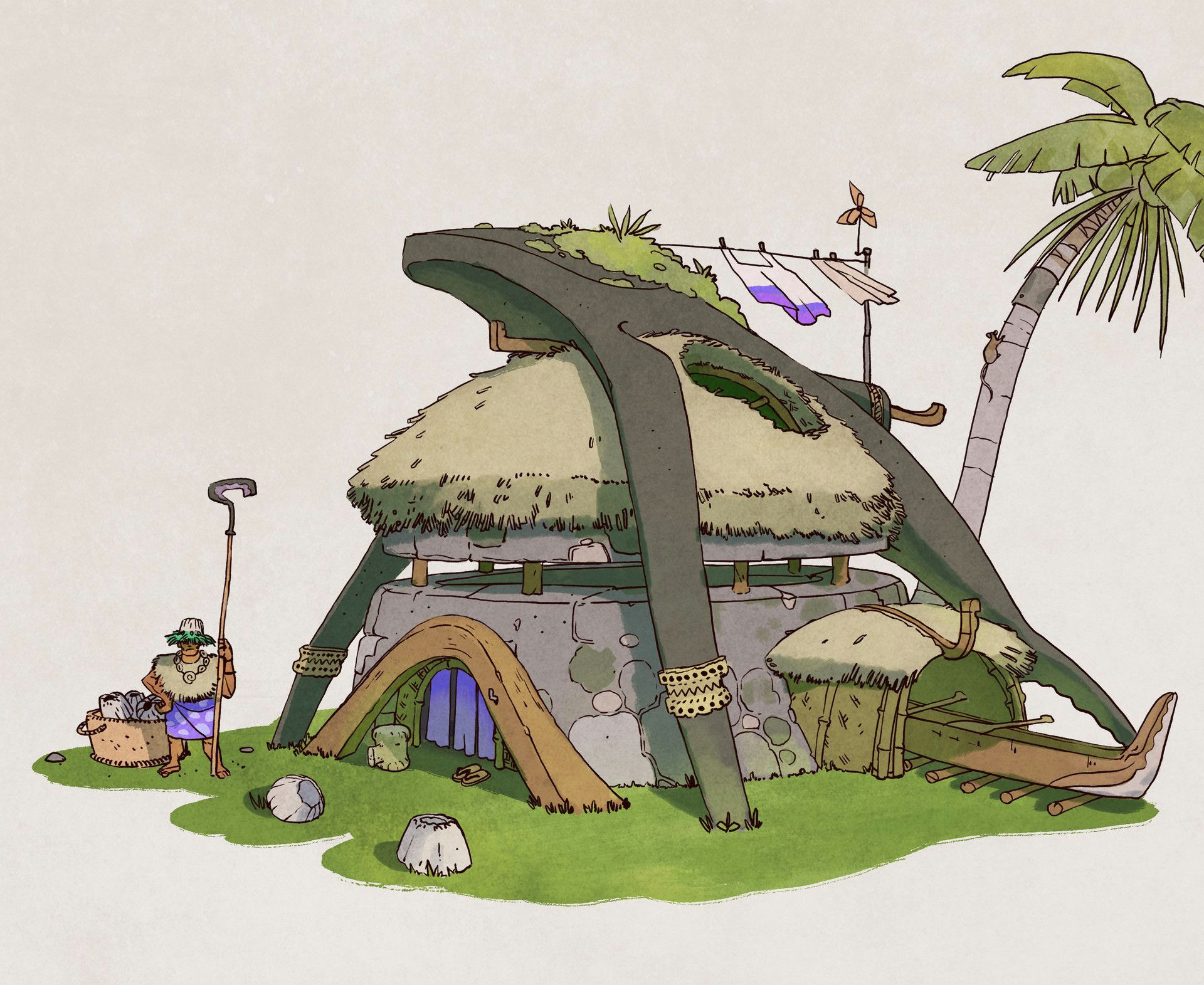 artstation whale hut victorin ripert fantasy village 2d game art environment design