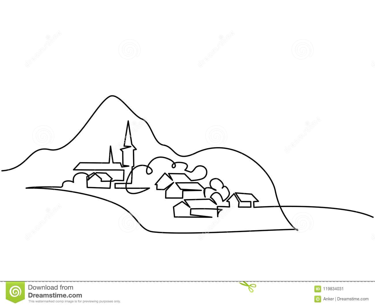 continuous line drawing landscape with village on hill vector illustration concept for logo card banner poster flyer