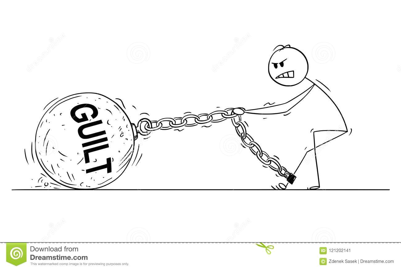 cartoon stick drawing conceptual illustration of man or businessman pulling hard big iron ball chained to his leg business concept of guilt that lie heavy