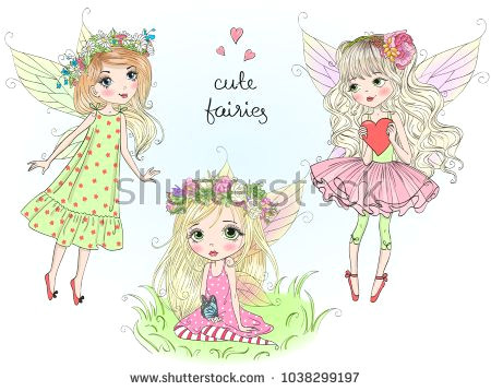 three hand drawn beautiful cute little fairies girls with butterfly wings vector illustration