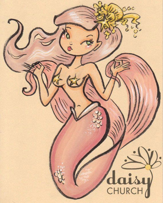 pink pin up mermaid girl original drawing