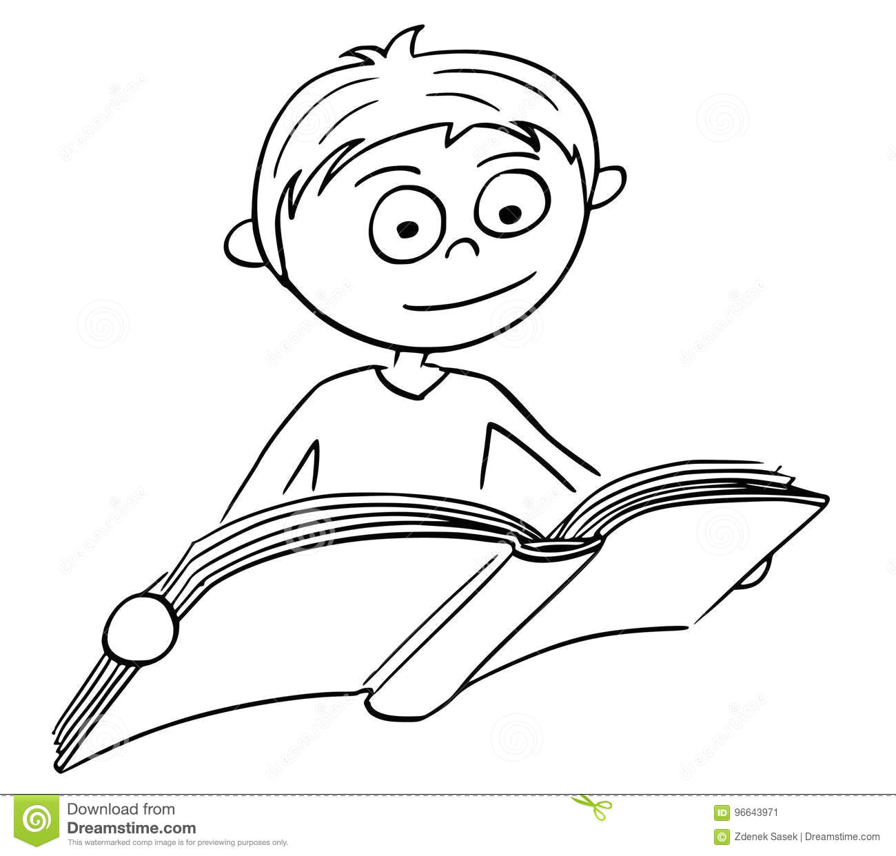 hand drawing cartoon vector illustration of boy reading a book