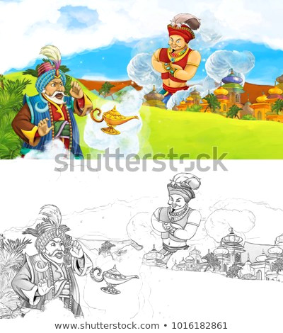 cartoon scene with happy king od prince near the castle looking at giant magician beautiful sunny