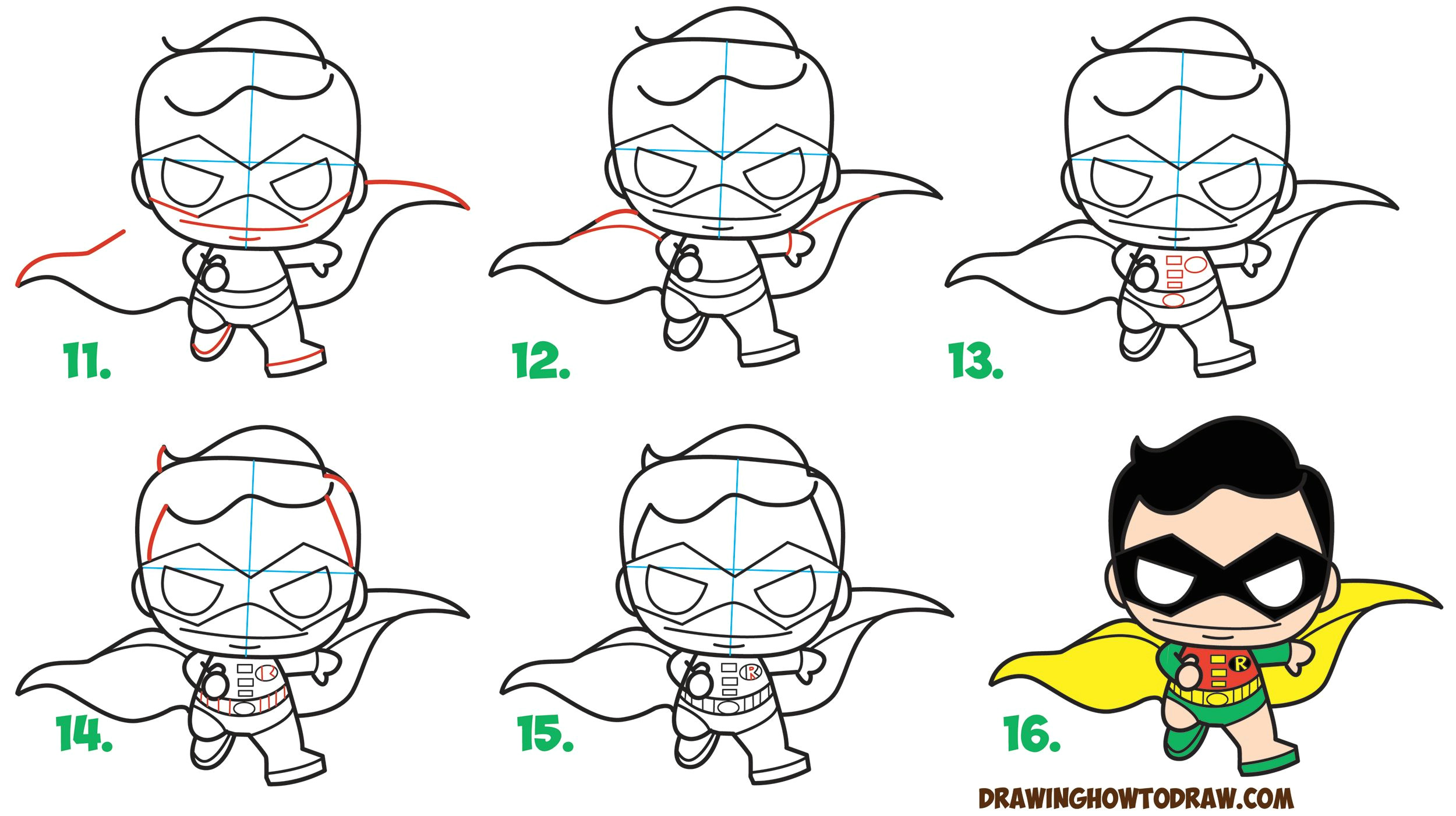 learn how to draw cute kawaii chibi robin from dc comics batman robin in simple step by step drawing tutorial for kids