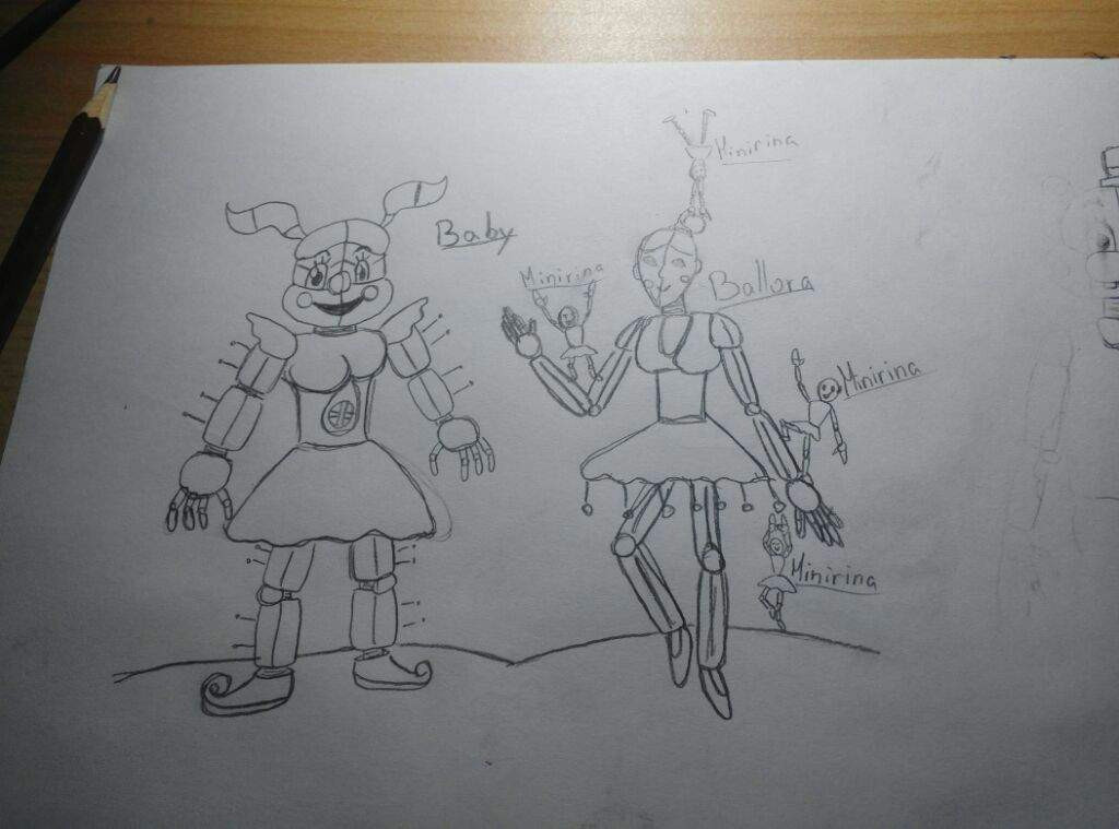 i just got at the fnaf sl comunity and i see a lot of people drawing so i made my drawing od baby ballora and 4 minirinas hope you like it