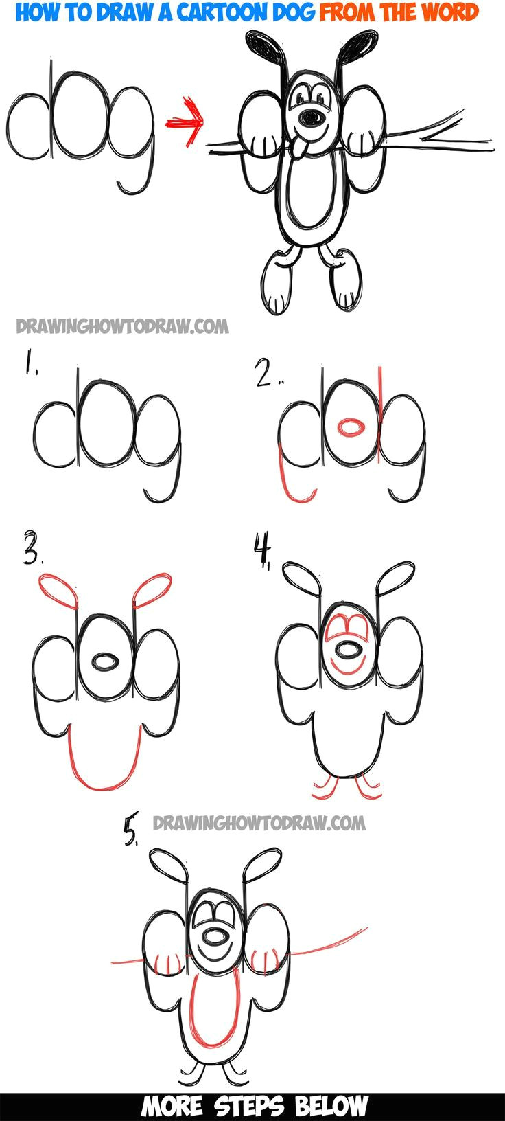 how to draw a cartoon dog hanging out from the word dog easy