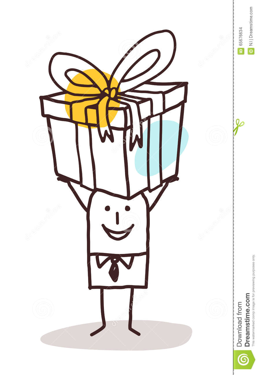 cartoon man carrying a big gift package