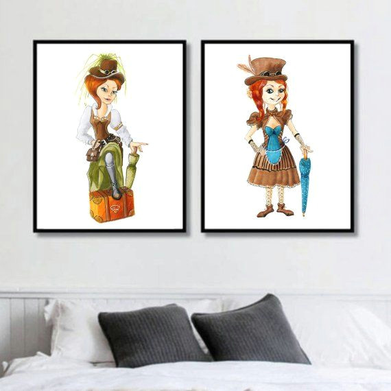 wall art set of 2 prints character design drawing fantasy cartoon poster colorful artwork girls room cartoon nursery cartoon girl gift wallart walldecor