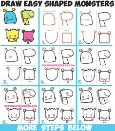 how to draw cute cartoon monsters from simple shapes letters and numbers for kids