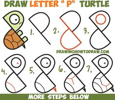 how to draw a cute cartoon turtle from letter p shapes easy step by step drawing tutorial for kids