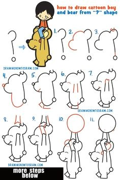 how to draw a cartoon boy riding a cartoon bear from a question mark easy step by step drawing tutorial for kids