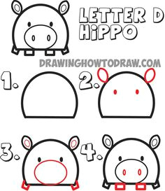 how to draw cartoon hippos from the letter d shape drawing tutorials for kids drawing