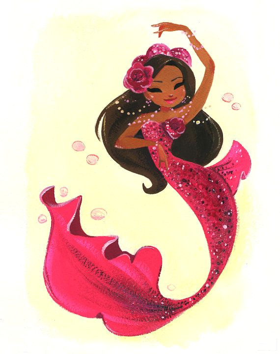 this sassy mermaid is ready to dance this is an 8x10 digital print of an original gouache painting it will come printed on epson velvet fine art paper