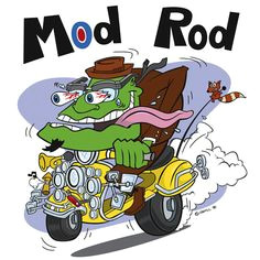 cartoon character illustration of a hot rod scooter with monster rider cartoon car drawing rat