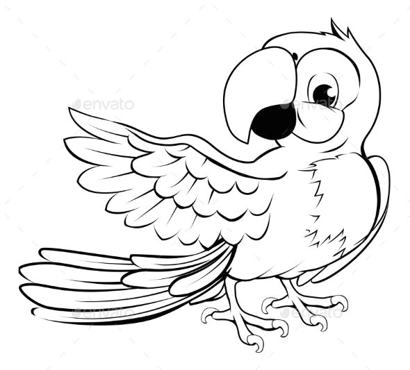 cartoon parrot character in black outline pointing with its wing