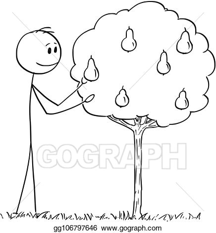 cartoon of man picking fruit from small pear tree