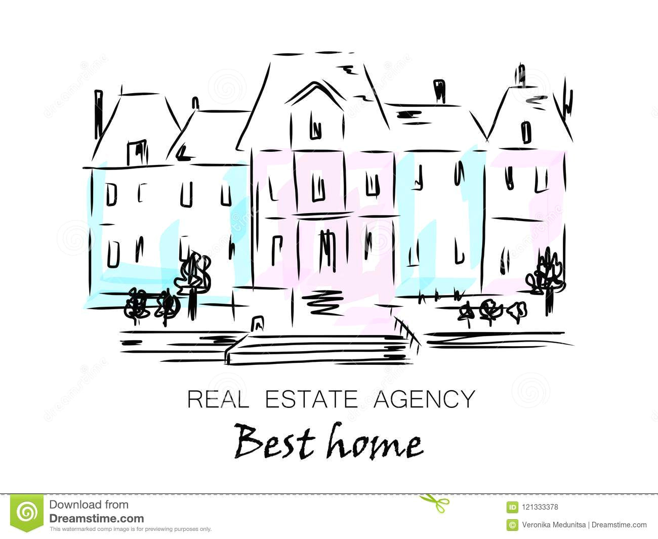 sketch of city house detached single family houses with trees hand drawn cartoon