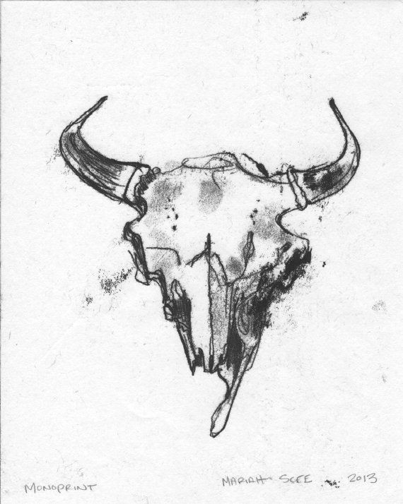 buffalo skull monotype original art on paper 8 x by mariahscee 30 00 animal skull drawing