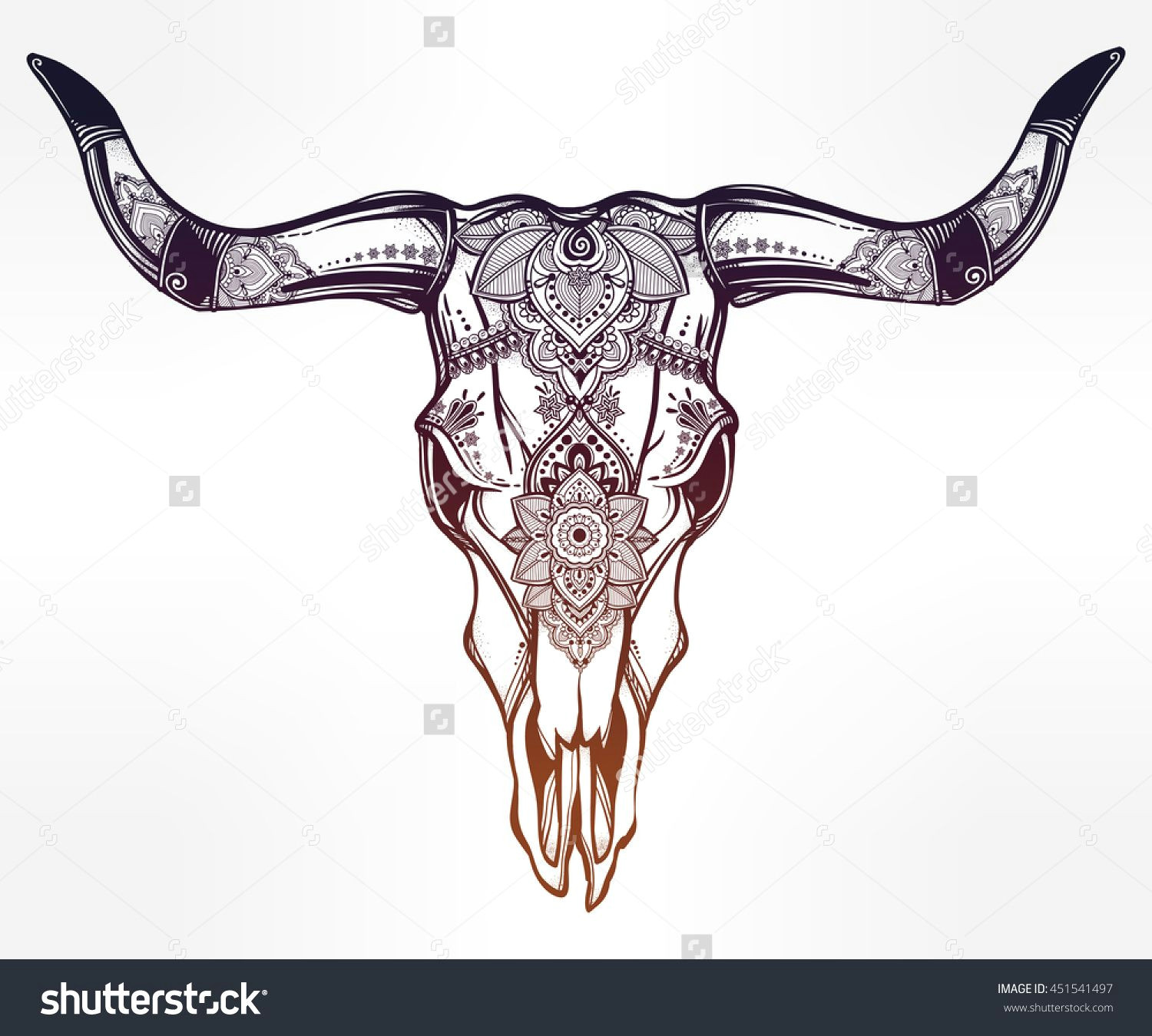 hand drawn romantic tattoo style ornate decorative desert cow or buffalo skull spiritual native indian navajo art vector illustration isolated