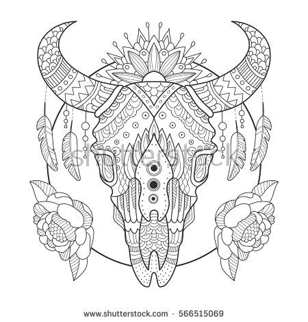 cow skull coloring book vector illustration anti stress coloring book for adult tattoo stencil black and white lines lace pattern