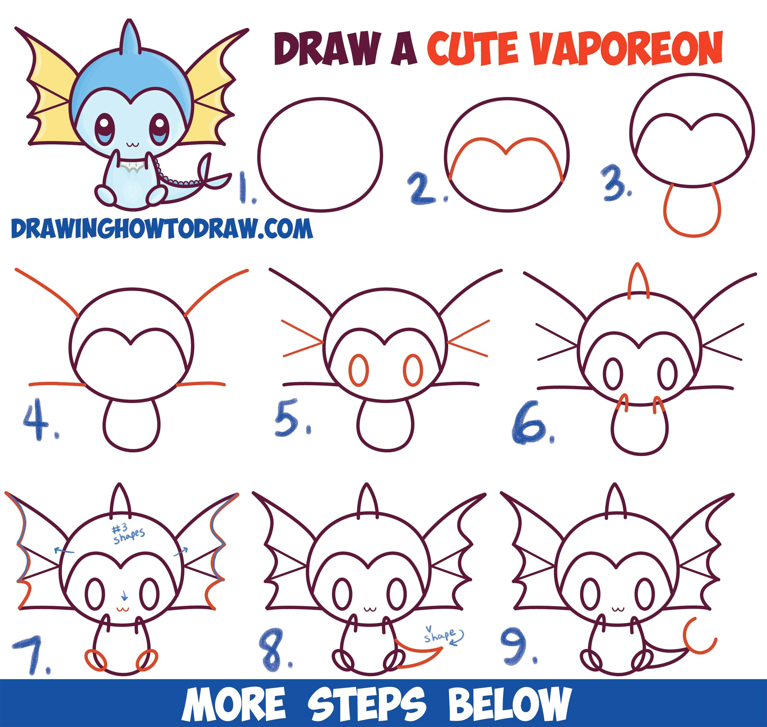 how to draw cute kawaii chibi vaporeon from pokemon easy step by step drawing lesson for beginners