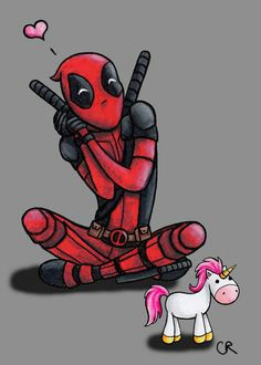 a 5x7 print of my drawing of deadpool and his unicorn drawing cartoon characters comic
