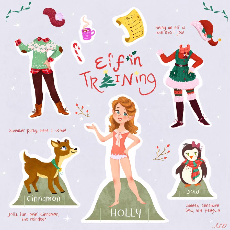 illustrator monique dong holly the elf in training illustration art drawing characterdesign childrensbooks cute kids paperdoll christmas dressup