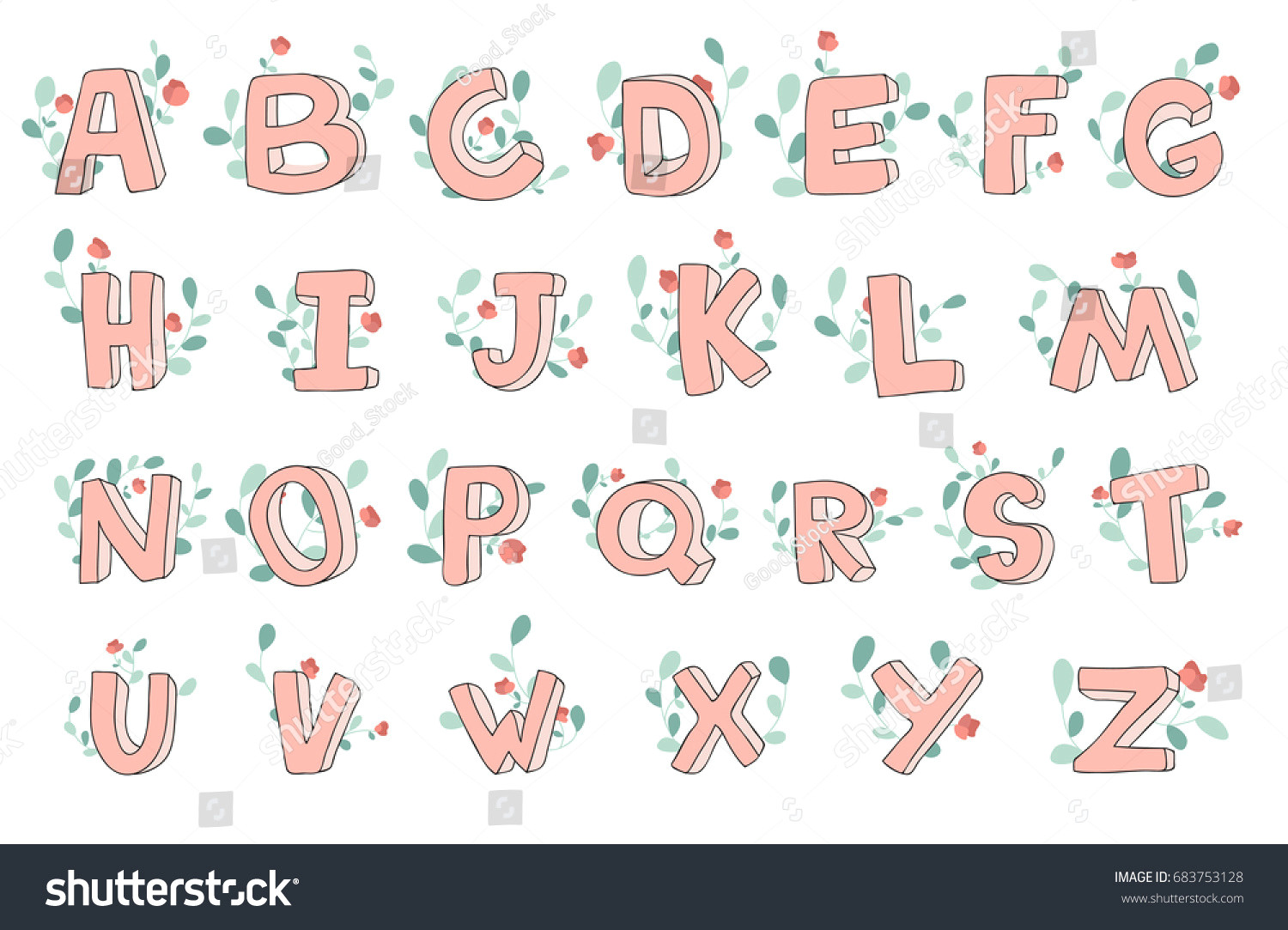 vector hand drawn cute alphabet with floral decoration 3d doodle letters abc font