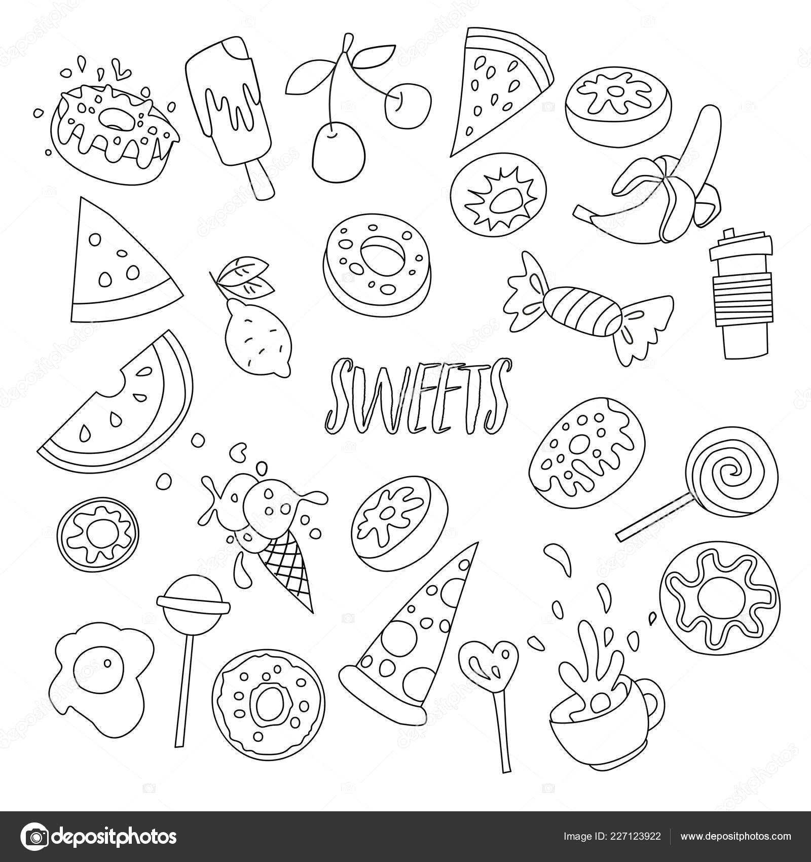cute cartoon sweets line icon set fruits berries and sweet candies all sweet desserts icons hand draw line objects sweet cocktail donuts cupcakes