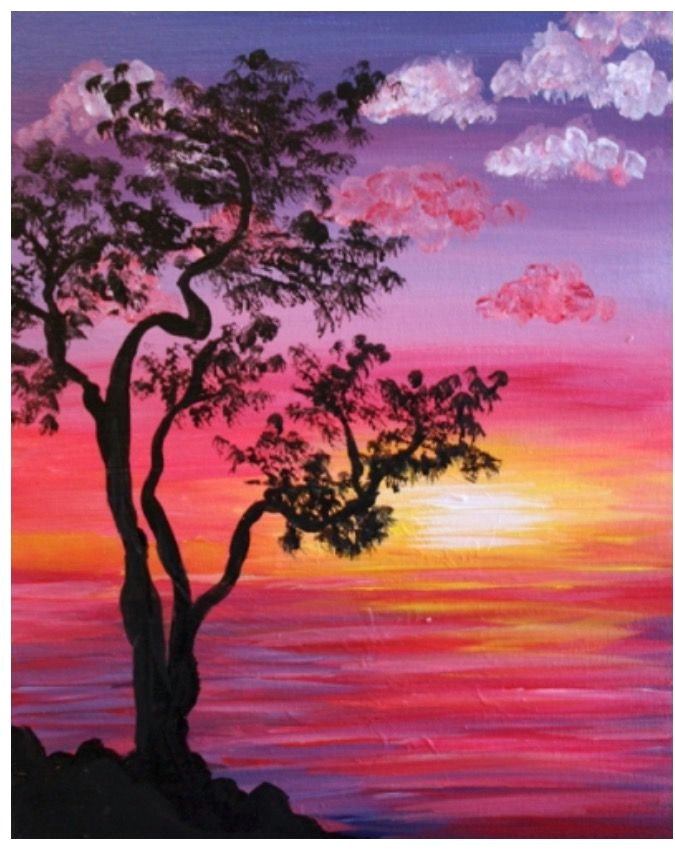 tree silhouette sunset painting in pinks orange and yellow