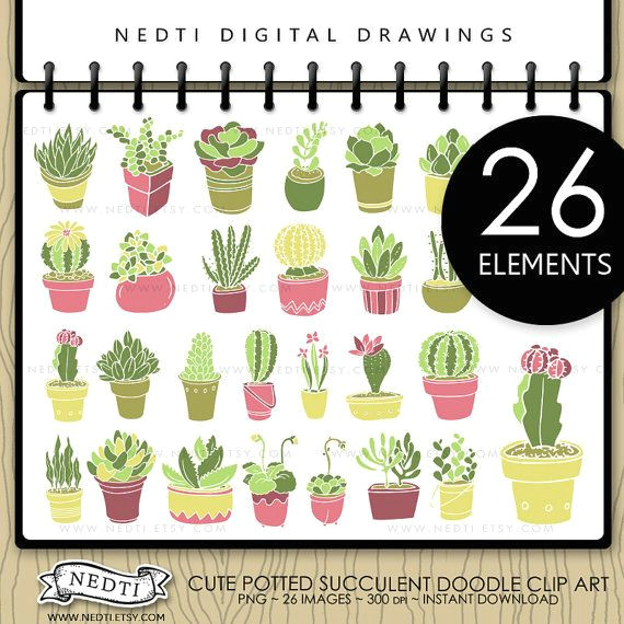 potted succulent hand drawn clip art cactus digital by nedti etsy clipart printables elements overlays doodles nedti decoration pinterest