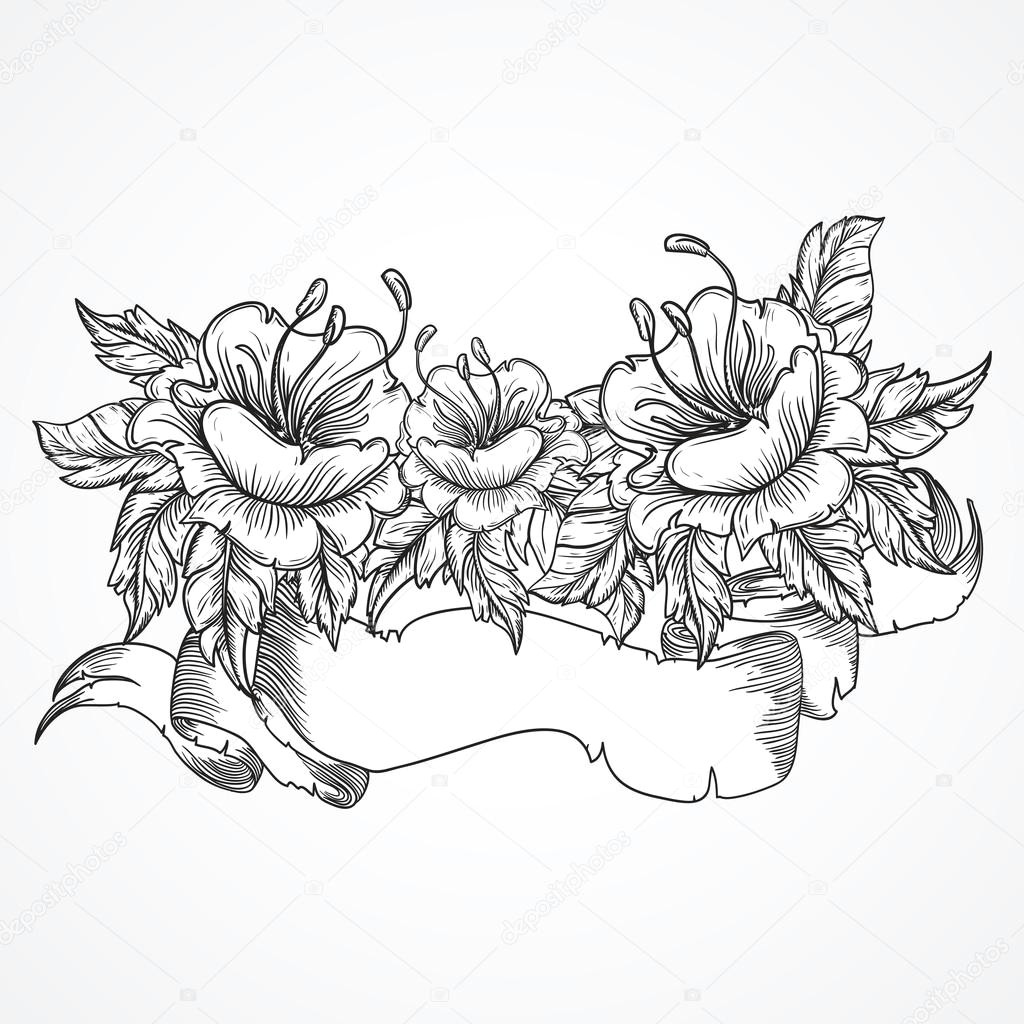 vintage floral highly detailed hand drawn bouquet of flowers and ribbon banner in black and white